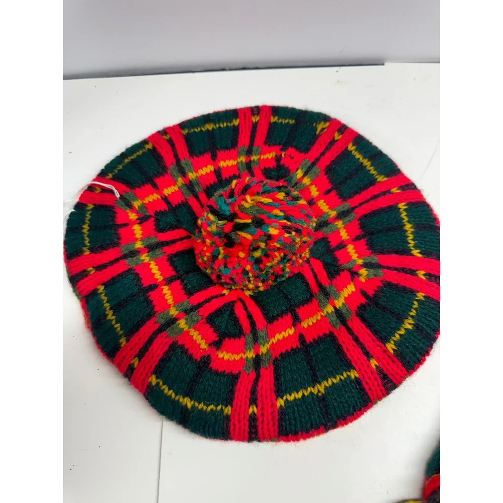 Vintage Stretch Knit Plaid Tam Hat and Scarf Set Red Green Yellow USA Made NOS